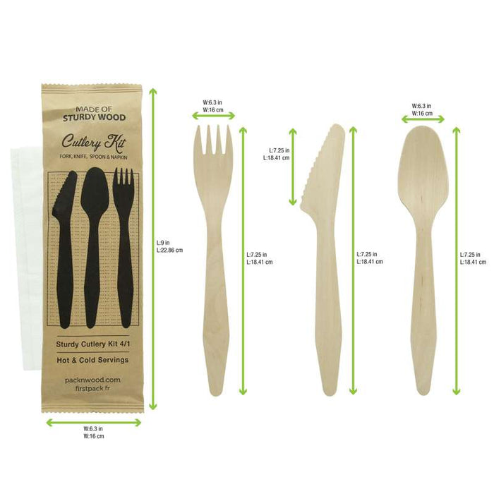 Hercule kit couvert bois 4 / 1: couteau fourchette cuillère serviette, emballage kraft   H185mm-250Pcs