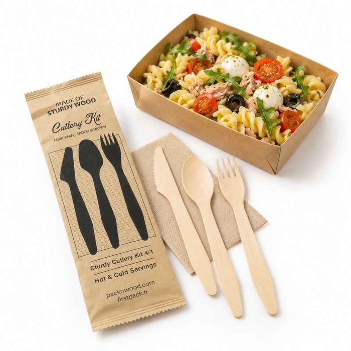 Hercule kit couvert bois 4 / 1: couteau fourchette cuillère serviette, emballage kraft   H185mm-250Pcs