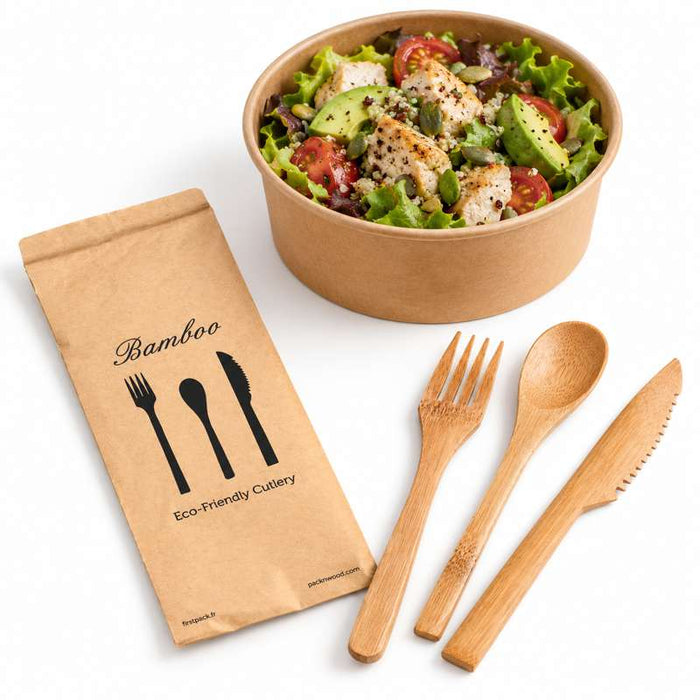 Kit Couverts Bambou 3/1 Emballage Kraft  160-250Pcs
