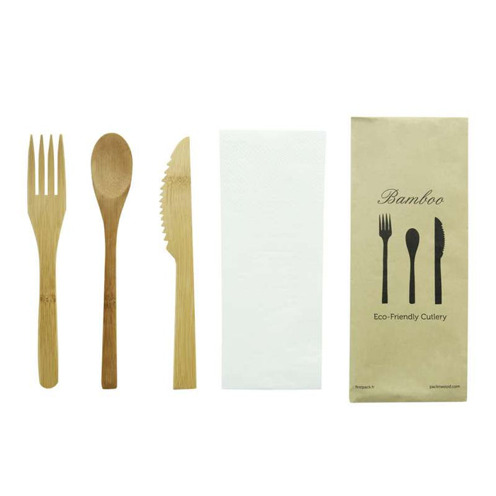 Kit couverts bambou 4/1 "Bambi", emballage kraft   H160mm-250Pcs