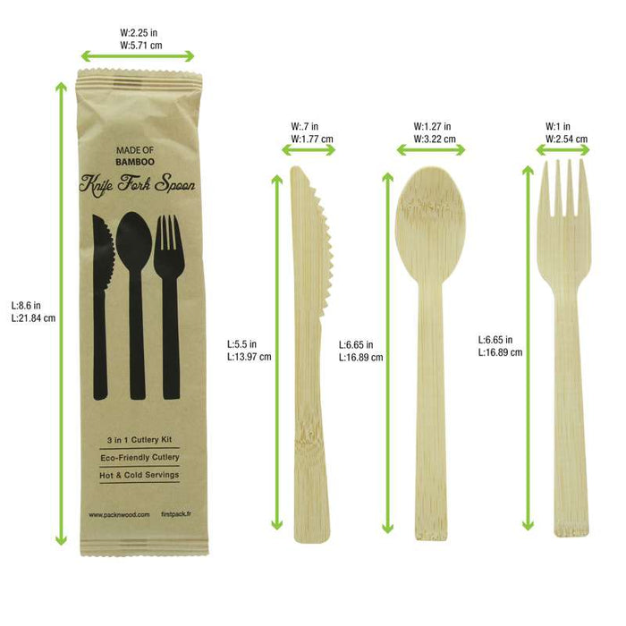 Kit couverts bambou "Anji" 3/1: couteau fourchette cuillère, emballage kraft  H170mm-100Pcs