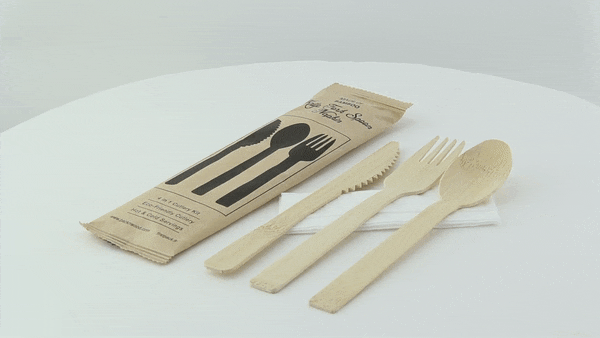 Kit couverts bambou "Anji" 4/1: couteau fourchette cuillère serviette, emballage kraft  H170mm-100Pcs