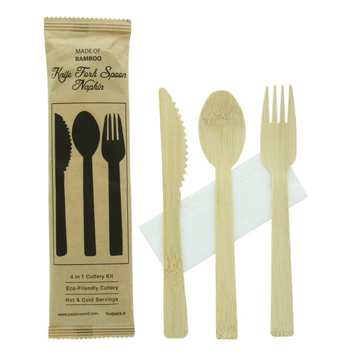 Kit couverts bambou "Anji" 4/1: couteau fourchette cuillère serviette, emballage kraft  H170mm-100Pcs