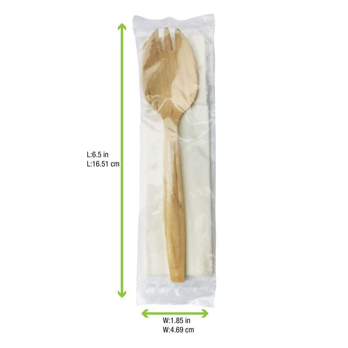 Kit couverts bois 2/1: fourchette-cuillère serviette, emballage transparent   H147mm-250Pcs