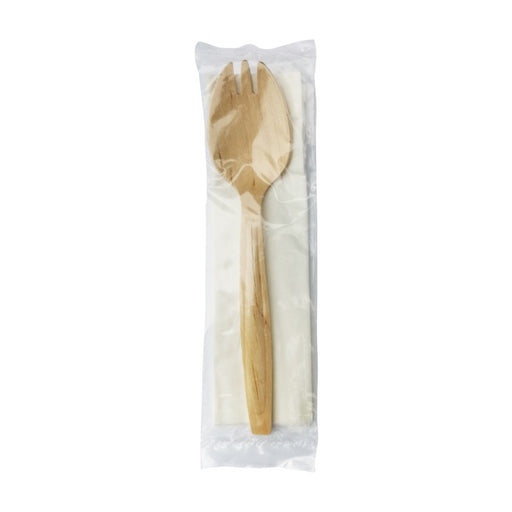 Kit couverts bois 2/1: fourchette-cuillère serviette, emballage transparent   H147mm-250Pcs