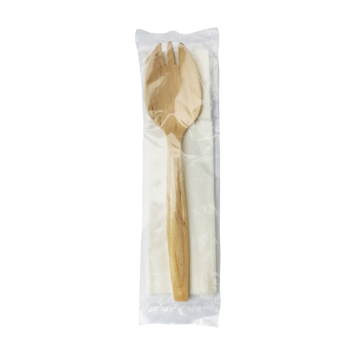 Kit couverts bois 2/1: fourchette-cuillère serviette, emballage transparent   H147mm-250Pcs