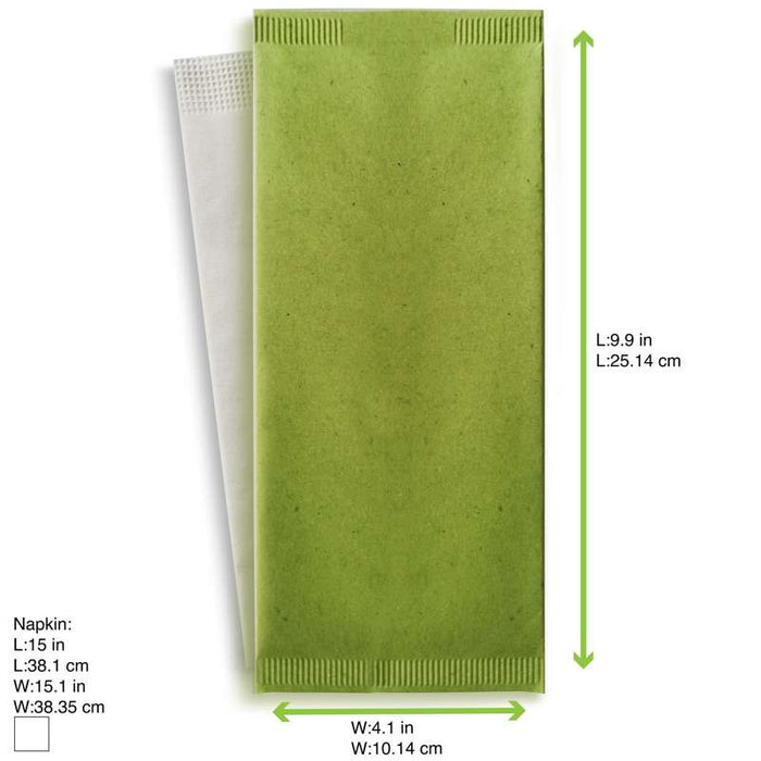 Pochette papier vert pour couverts avec serviette blanche  110x250mm-500Pcs