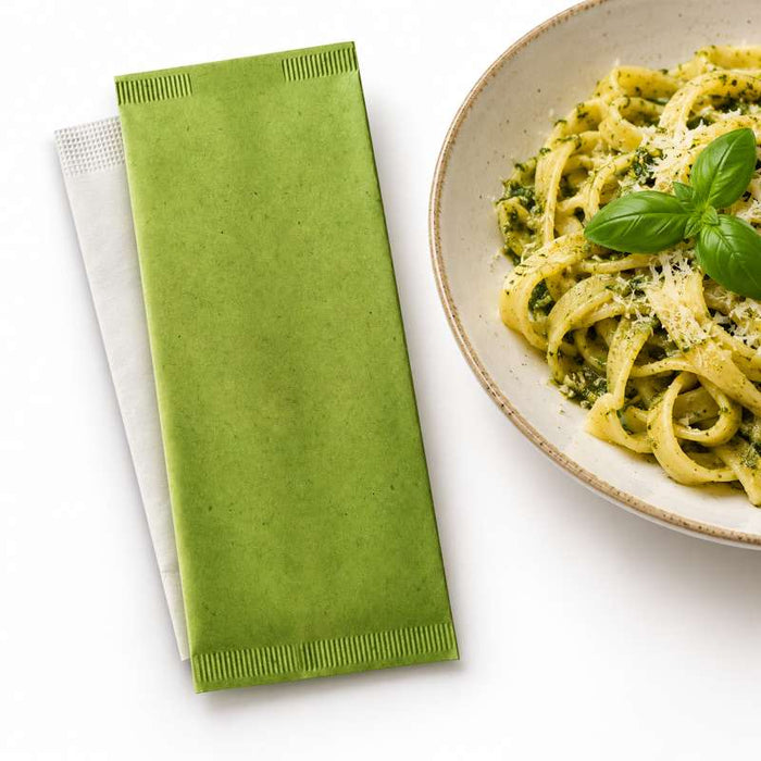 Pochette papier vert pour couverts avec serviette blanche  110x250mm-500Pcs