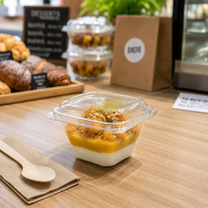 Pot Deli carré PET transparent avec couvercle  128x128mm H70mm 375ml - 100Pcs