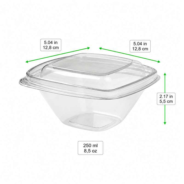 Pot Deli carré PET transparent avec couvercle  128x128mm H55mm 250ml - 100Pcs