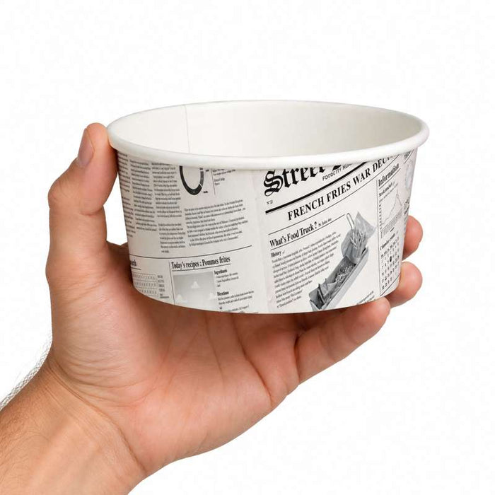 Pot "Deli" rond en carton décor journal   H72mm 480ml - 500Pcs