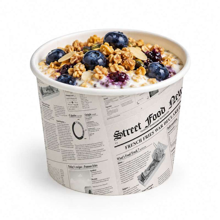 Pot rond "Deli" en carton imprimé journal Ø114mm H99mm 650ml - 500Pcs