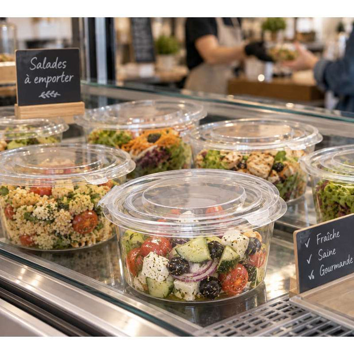 Pot Deli rond PET avec couvercle plat attaché   H60mm 400ml-600Pcs