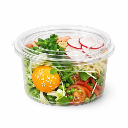 Pot Deli rond PET avec couvercle plat attaché   H60mm 400ml-600Pcs