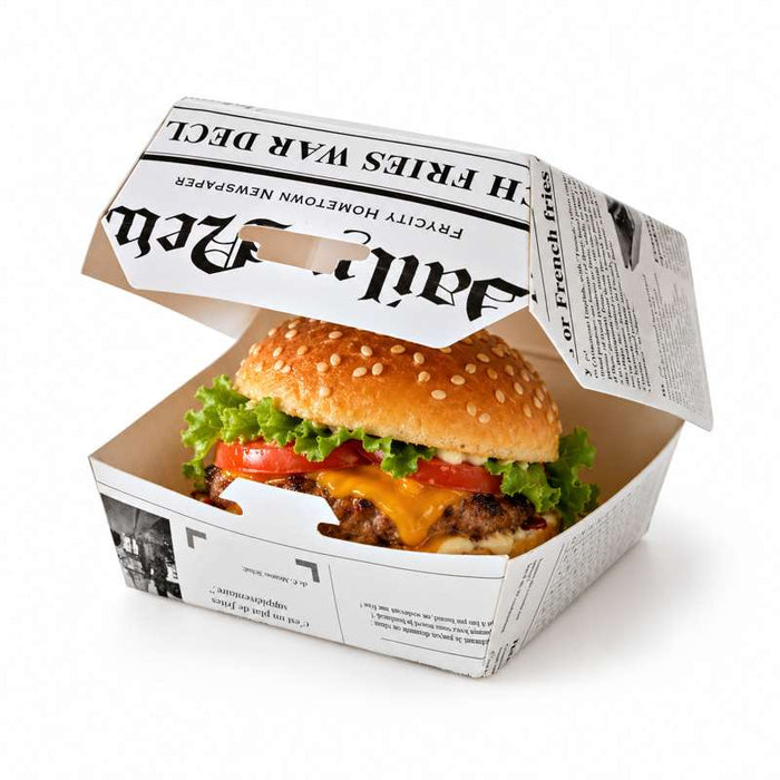 Boite burger carton blanc décor journal  95x95mm H50mm-500Pcs