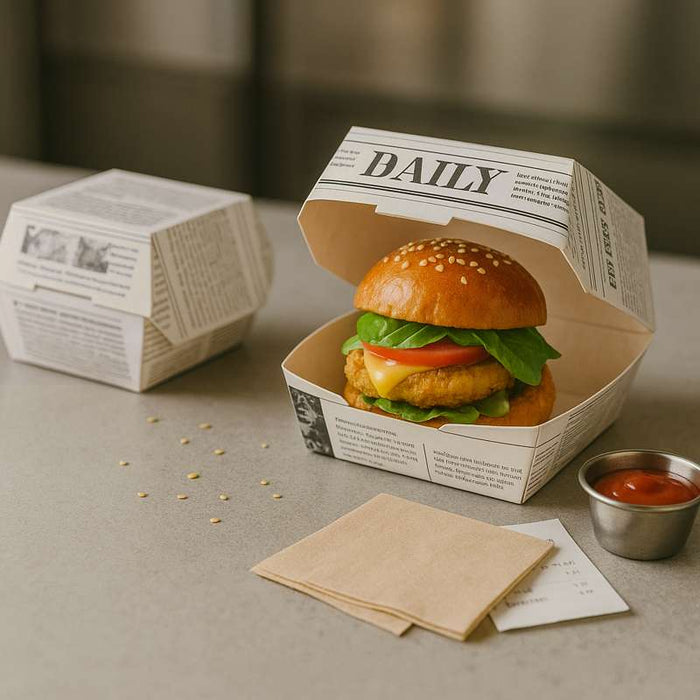 Boite burger carton blanc décor journal  135x125mm H65mm-500Pcs