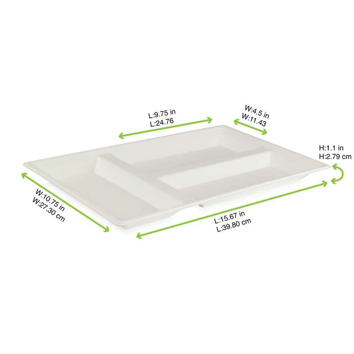 Plateau rectangulaire blanc 3 compartiments en pulpe   400x280mm-100Pcs