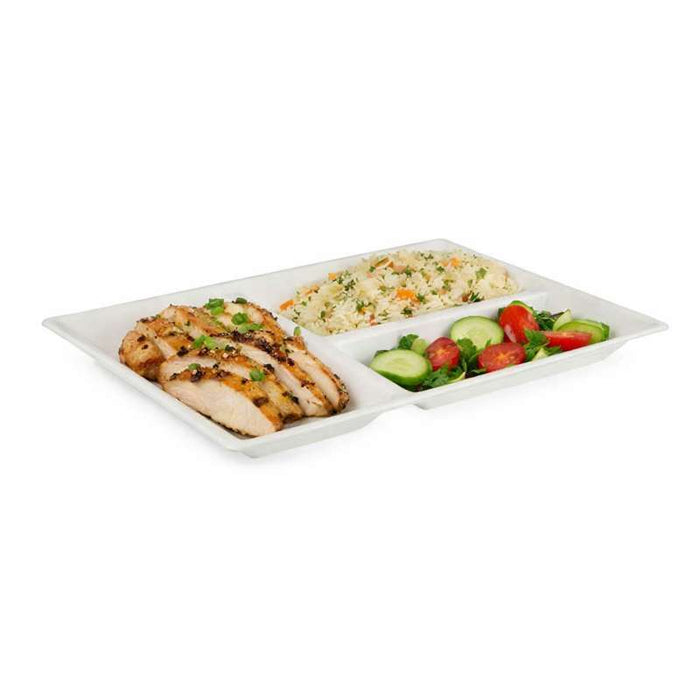 Plateau rectangulaire blanc 3 compartiments en pulpe   400x280mm-100Pcs
