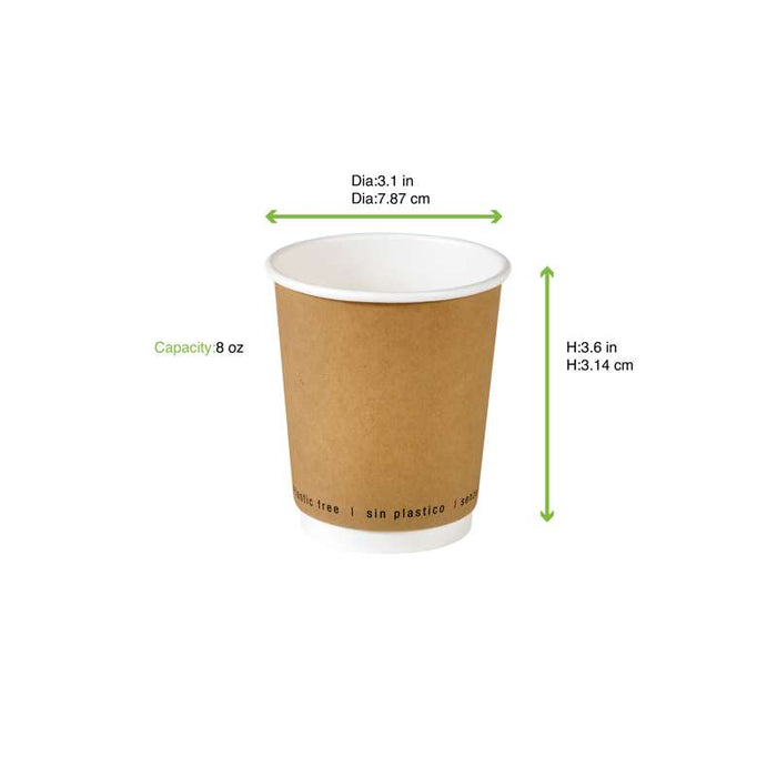Gobelet en carton brun à double paroi sans matière plastique, Waterbased  H92mm 230ml - 500Pcs