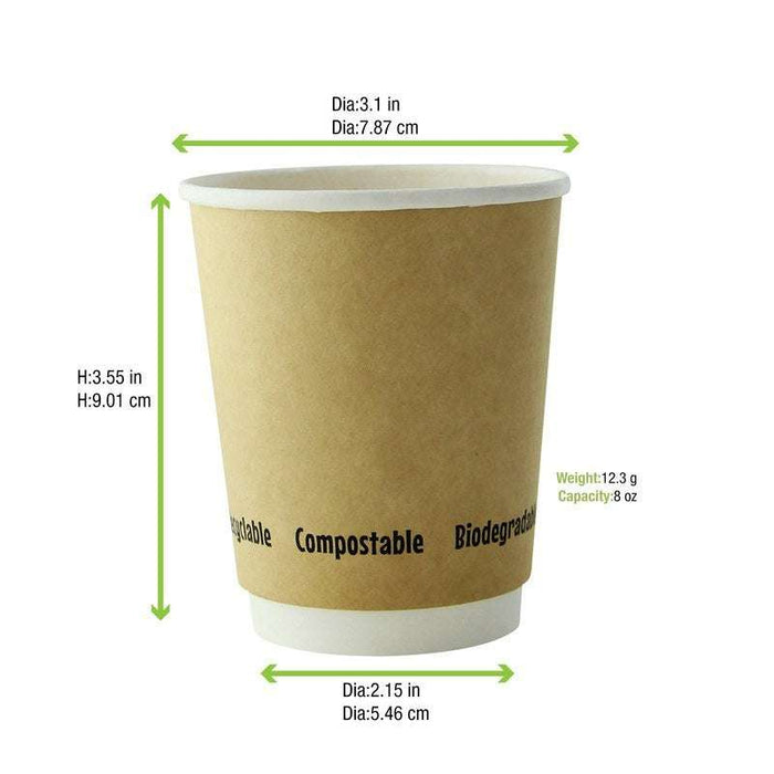 Gobelet double paroi en carton kraft laminé PLA Ø80mm H91mm 230ml - 500Pcs