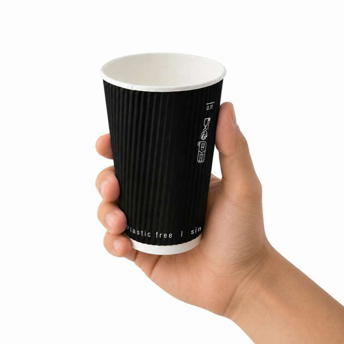 Gobelet double paroi "Rippley" noir en carton sans plastique Ø90mm H110mm 350ml - 500Pcs