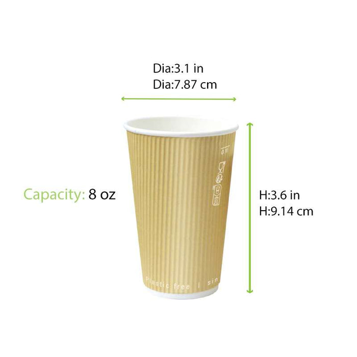 Gobelet Rippley en carton kraft ondulé beige à double paroi sans plastique, Waterbased  H92mm 230ml - 500Pcs