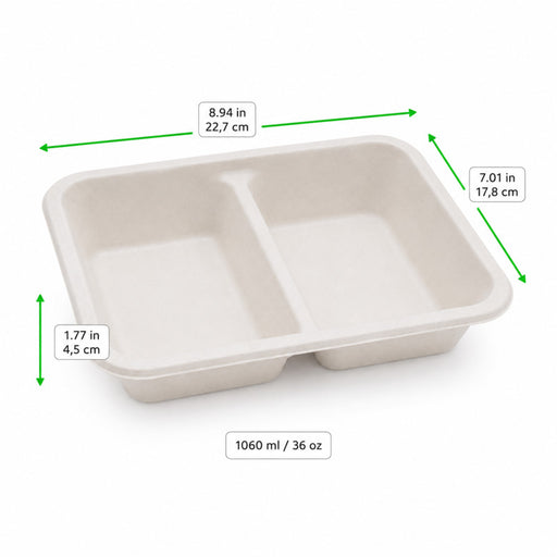 Barquette scellable blanche en pulpe de canne avec 2 compartiments 227x178mm H45mm 1060ml-200Pcs