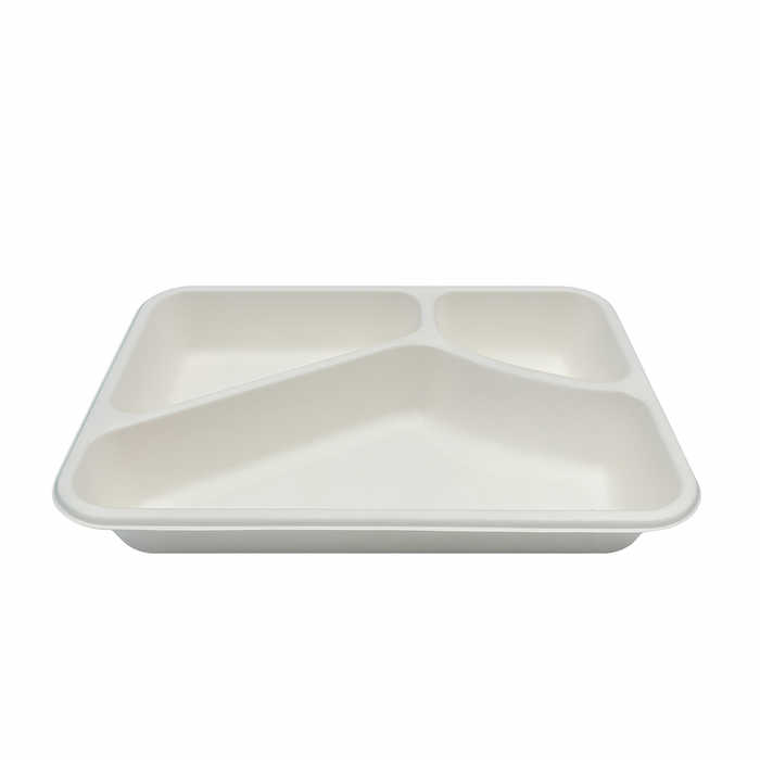 Barquette scellable blanche en pulpe de canne avec 3 compartiments 227x178mm H45mm 890ml-200Pcs