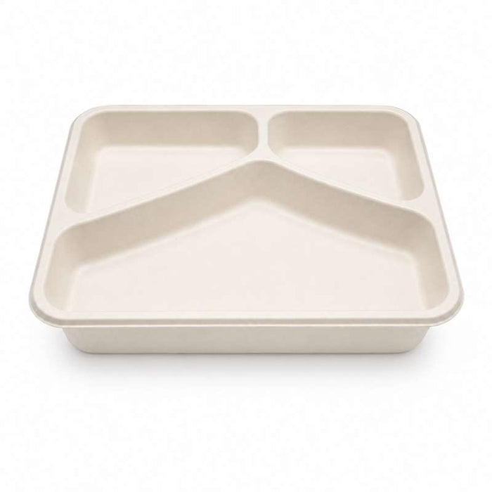 Barquette scellable blanche en pulpe de canne avec 3 compartiments 227x178mm H45mm 890ml-200Pcs
