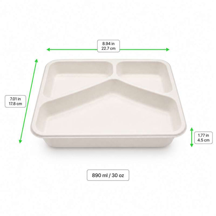 Barquette scellable blanche en pulpe de canne avec 3 compartiments 227x178mm H45mm 890ml-200Pcs