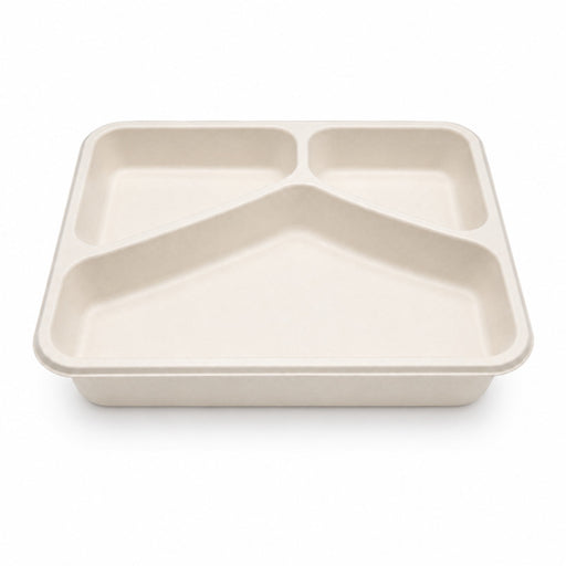 Barquette scellable blanche en pulpe de canne avec 3 compartiments 227x178mm H45mm 890ml-200Pcs