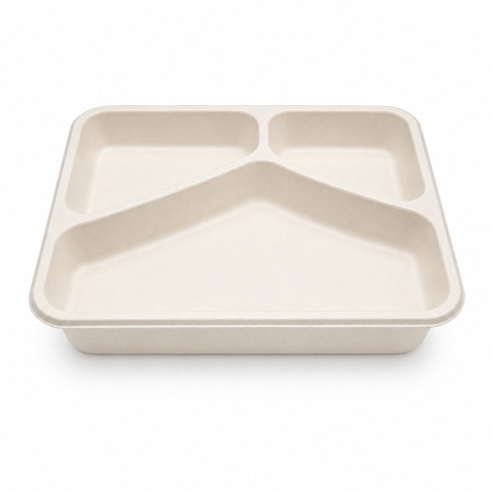 Barquette scellable blanche en pulpe de canne avec 3 compartiments 227x178mm H45mm 890ml-200Pcs