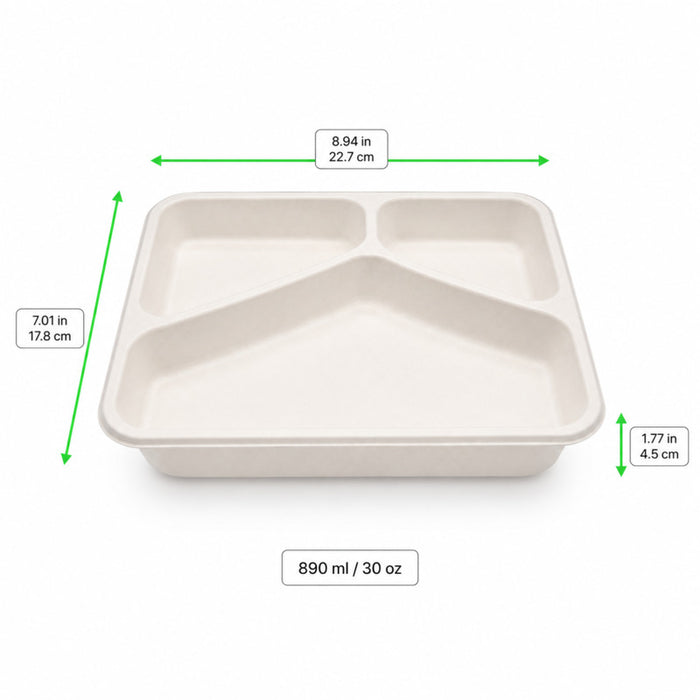 Barquette scellable blanche en pulpe de canne avec 3 compartiments 227x178mm H45mm 890ml-200Pcs