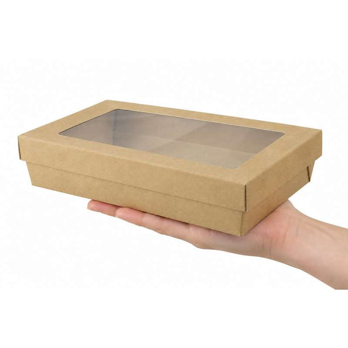 Boîte "Kray" rectangulaire carton brun avec couvercle à fenêtre 225x155mm H53mm 1500ml-200Pcs