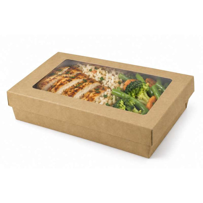 Boîte "Kray" rectangulaire carton brun avec couvercle à fenêtre 225x155mm H53mm 1500ml-200Pcs