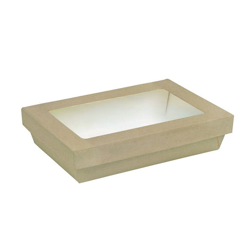 Boite "Kray" rectangulaire carton brun avec couvercle à fenêtre PLA  225x155mm H50mm 1500ml-200Pcs