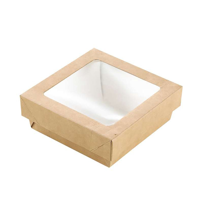 Boite "Kray" carrée carton brun avec couvercle à fenêtre  115x115mm H40mm 350ml - 250Pcs