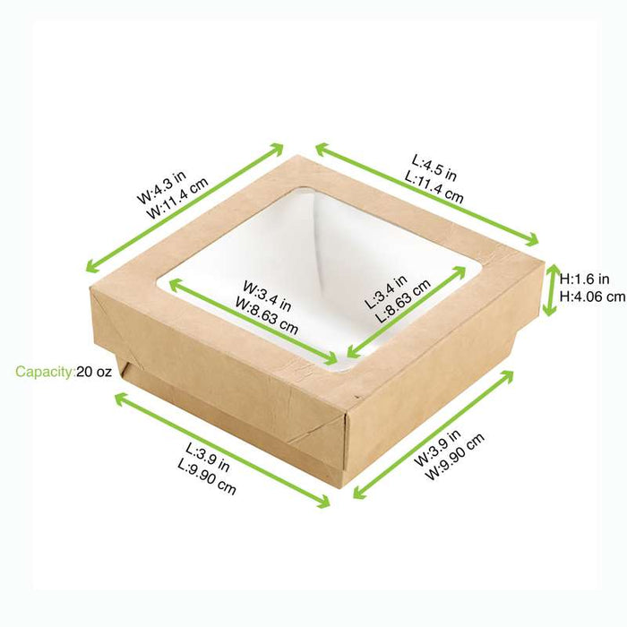 Boite "Kray" carrée carton brun avec couvercle à fenêtre  115x115mm H40mm 350ml - 250Pcs