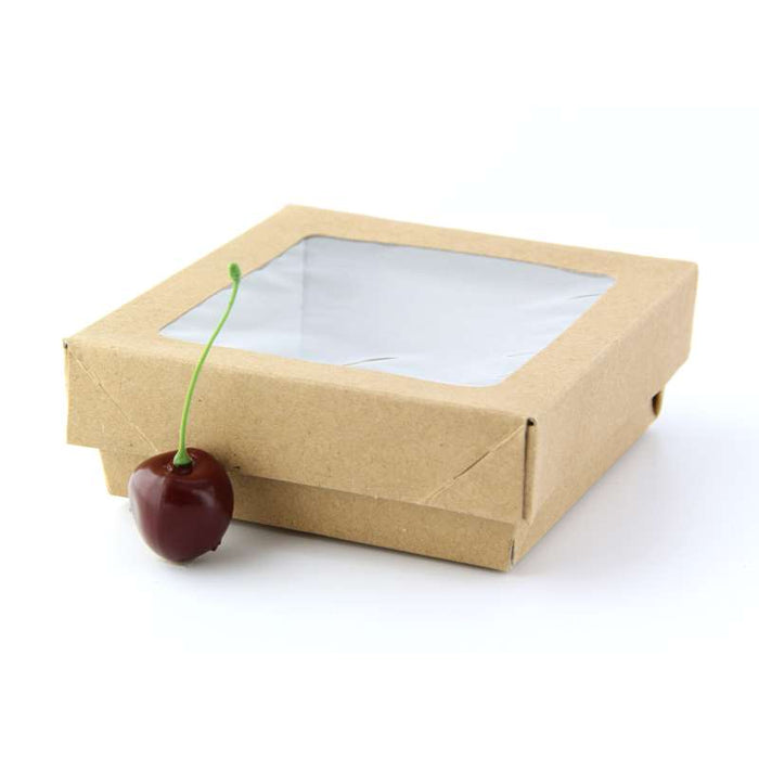 Boite "Kray" carrée carton brun avec couvercle à fenêtre  115x115mm H40mm 350ml - 250Pcs
