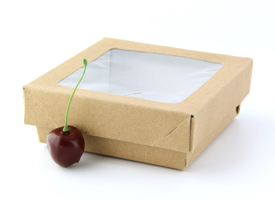 Boite "Kray" carrée carton brun avec couvercle à fenêtre  115x115mm H40mm 350ml - 250Pcs