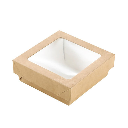 Boite "Kray" carrée carton brun avec couvercle à fenêtre  115x115mm H40mm 350ml - 250Pcs
