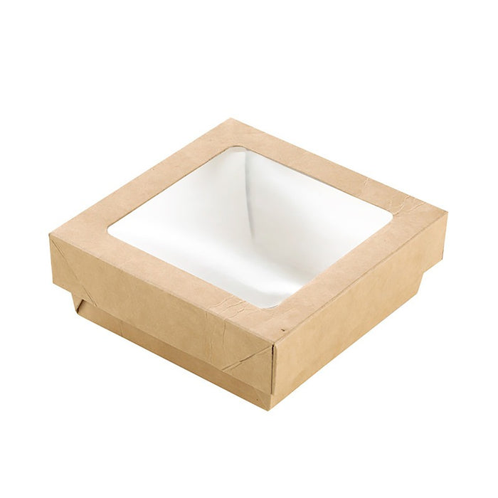 Boite "Kray" carrée carton brun avec couvercle à fenêtre  115x115mm H40mm 350ml - 250Pcs