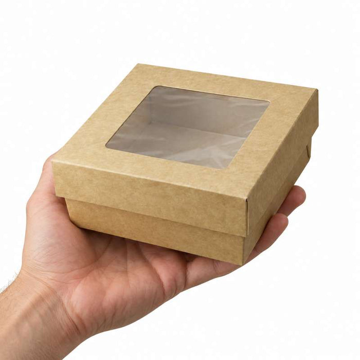 Boite "Kray" carrée carton brun avec couvercle à fenêtre  135x135mm H50mm 700ml-250Pcs