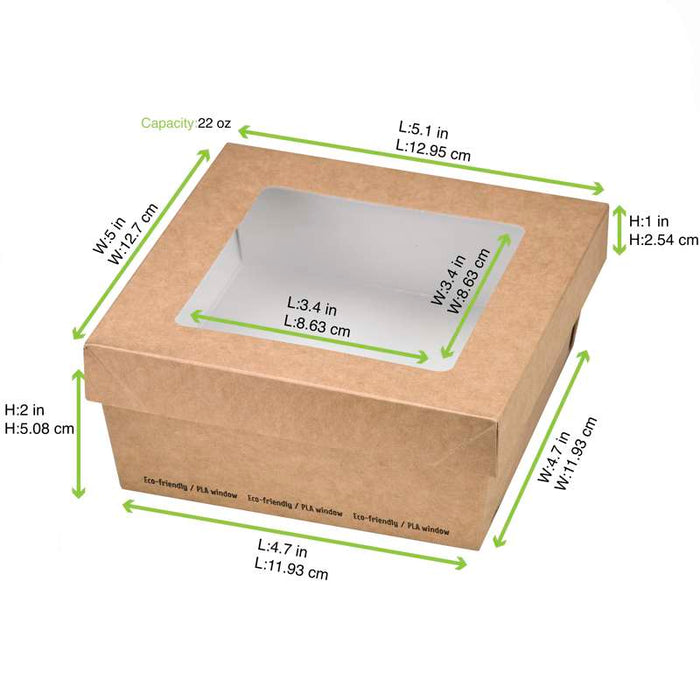 Boite "Kray" carrée carton brun avec couvercle à fenêtre  135x135mm H50mm 700ml-250Pcs