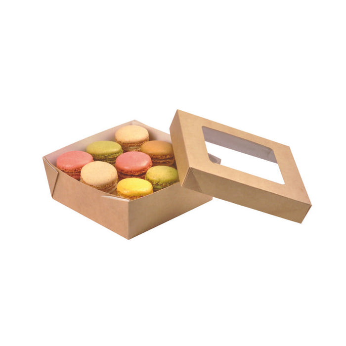 Boite "Kray" carrée carton brun avec couvercle à fenêtre  135x135mm H50mm 700ml-250Pcs