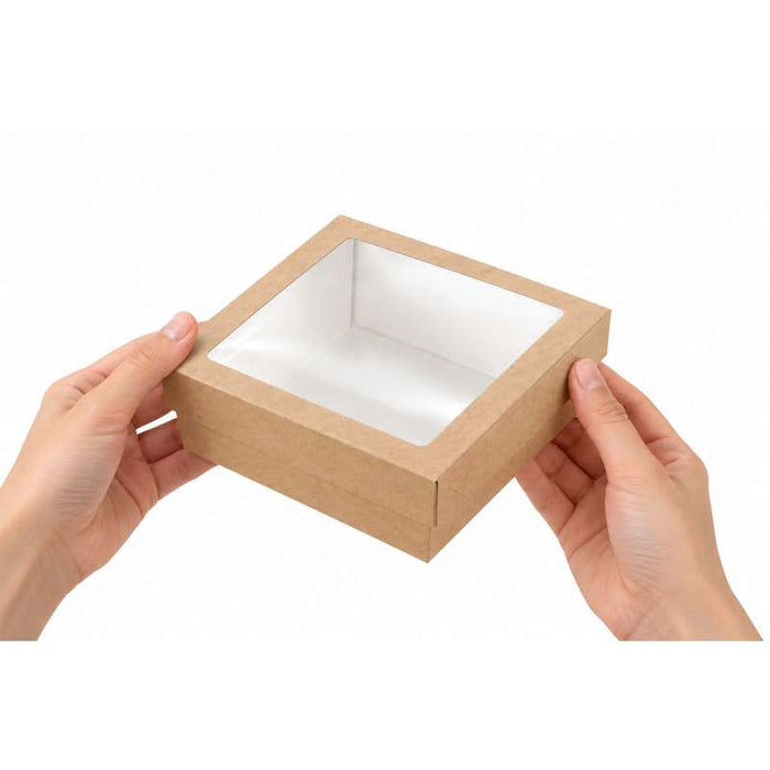 Boite "Kray" carrée carton brun avec couvercle à fenêtre  155x155mm H50mm 900ml - 250Pcs