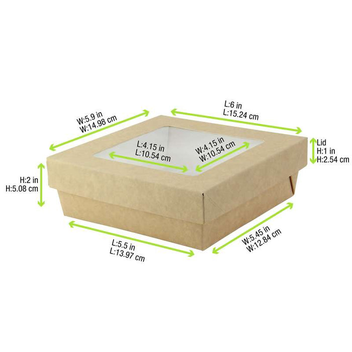 Boite "Kray" carrée carton brun avec couvercle à fenêtre  155x155mm H50mm 900ml - 250Pcs