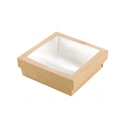 Boite "Kray" carrée carton brun avec couvercle à fenêtre  155x155mm H50mm 900ml - 250Pcs