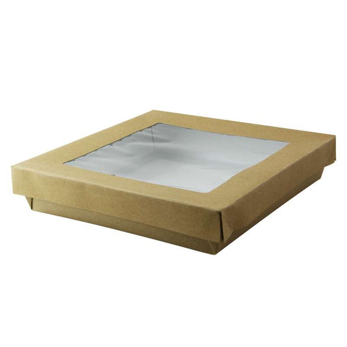 Boîte "Kray" carrée carton brun avec couvercle à fenêtre 205x205mm H40mm 1000ml-200Pcs