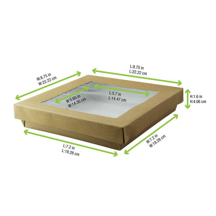 Boîte "Kray" carrée carton brun avec couvercle à fenêtre 205x205mm H40mm 1000ml-200Pcs